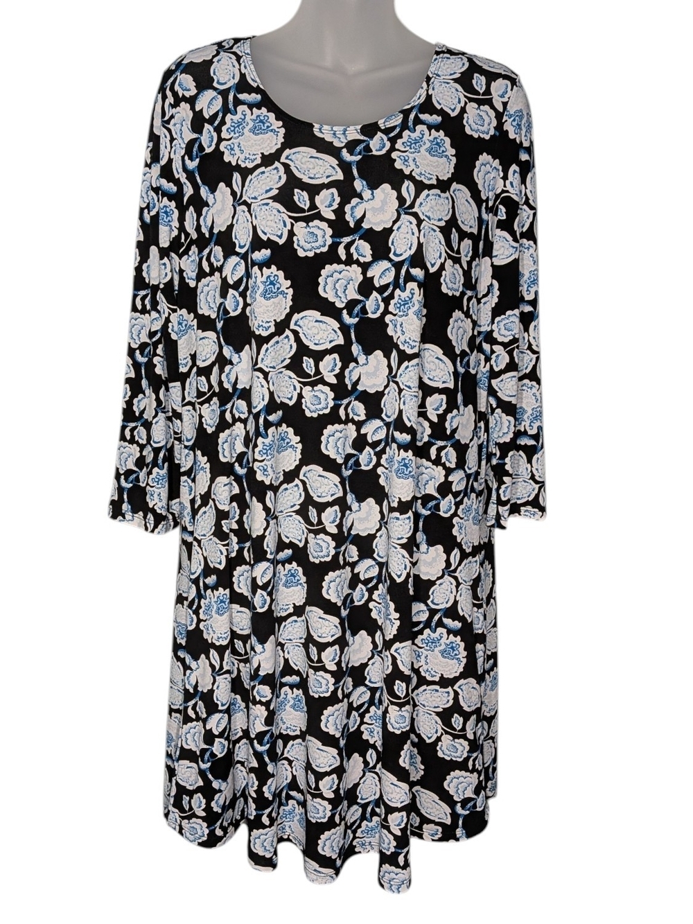 L/XL Navy Blue Floral Swing Chemise Pocketed 3/4 Sleeve Dress